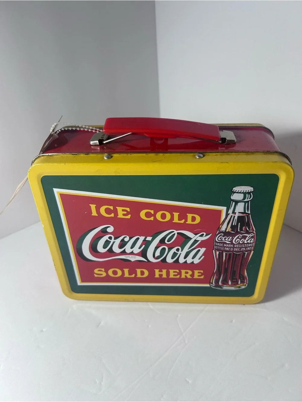 Coca Cola Yellow & Green Metal Lunchbox with Red Handle